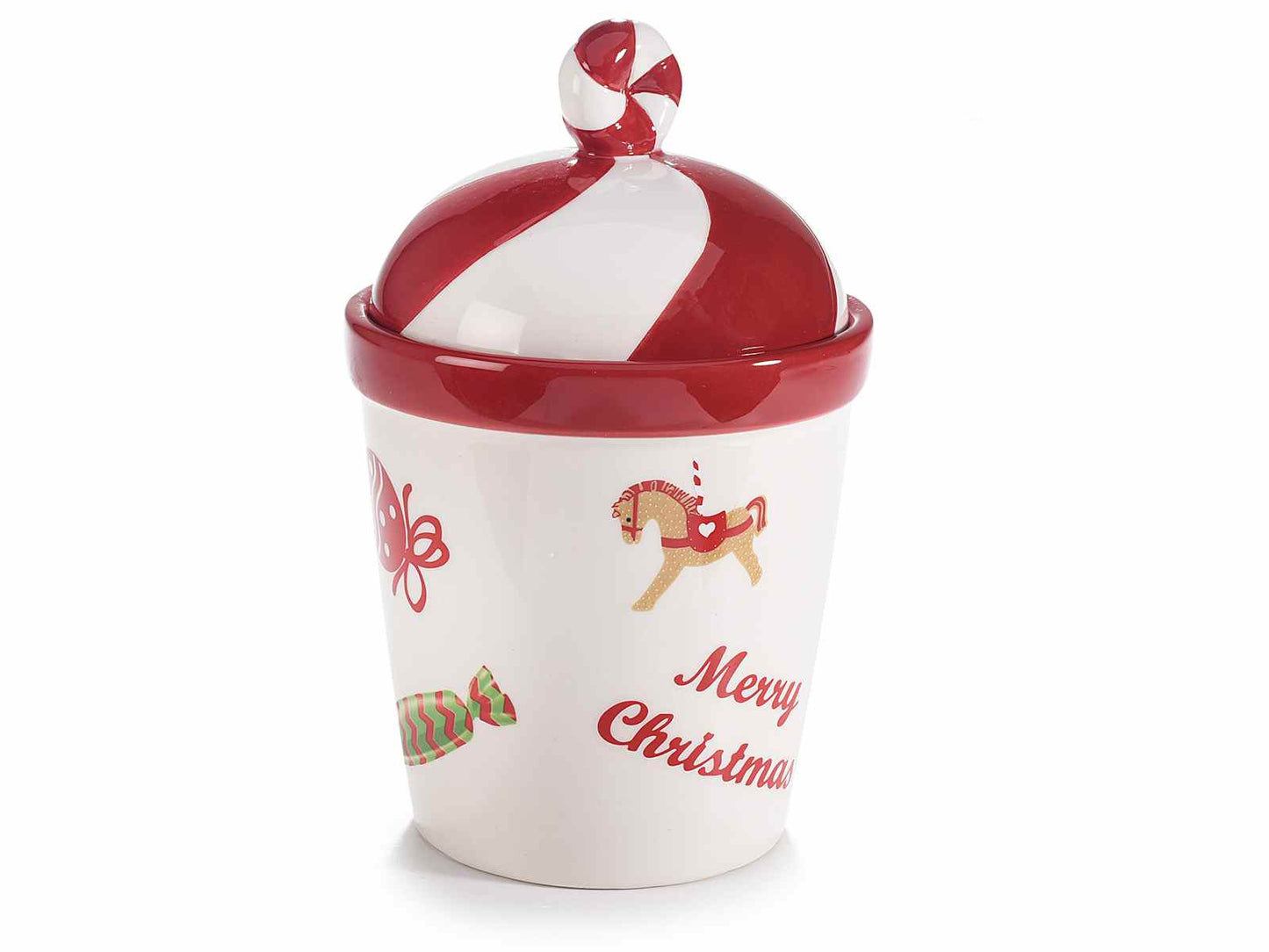 Barattolo in ceramica con decorazione natalizia e coperchio a forma di caramella