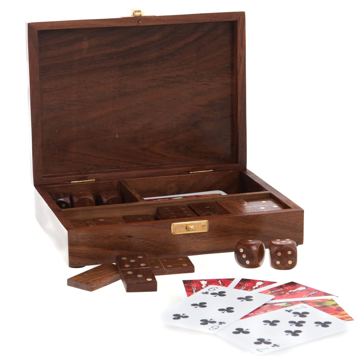 Set da Gioco in Legno con Carte, Dadi e Domino