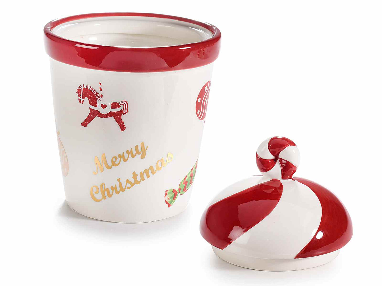 Barattolo in ceramica con decorazione natalizia e coperchio a forma di caramella
