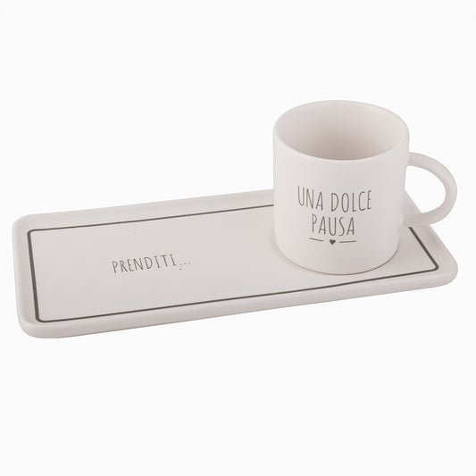 Set Tazza e Piattino in Ceramica Bianca – Scritta “Una Dolce Pausa” | Nuvole di Stoffa
