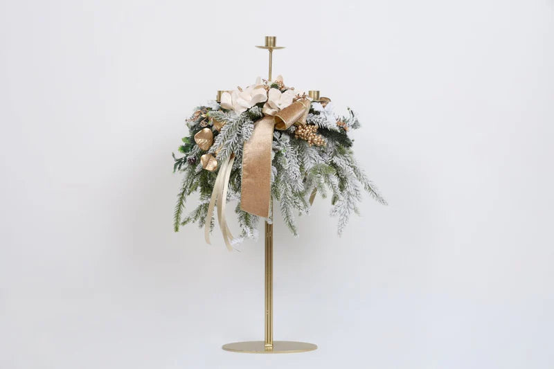 CANDELIERE 3 FIAMME ORO 65H FIORI DI LENA