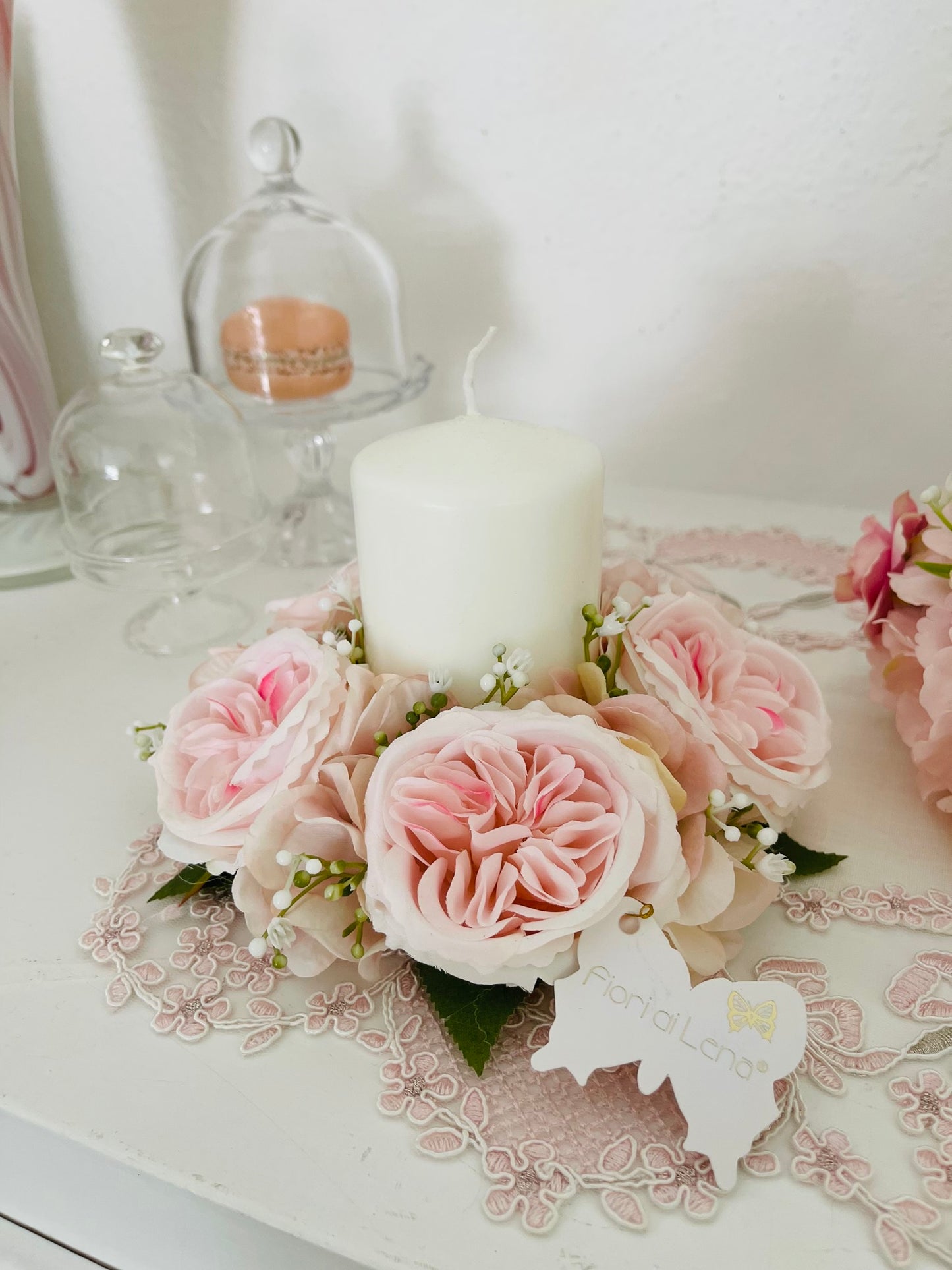 Centrotavola con Candela e Rose Rosa | Fiori di Lena