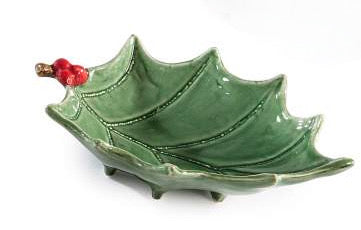 Piatto Decorativo Natalizio in Ceramica a Forma di Agrifoglio con Bacche