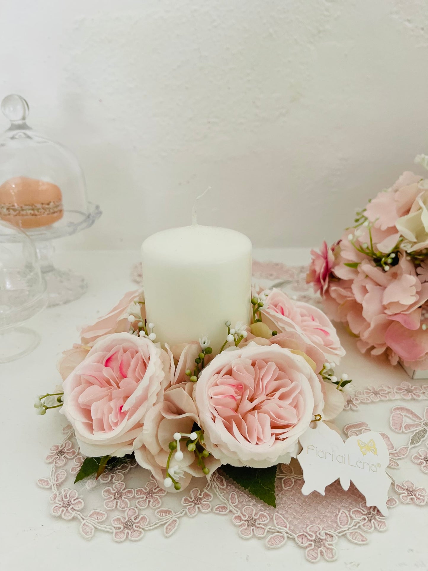 Centrotavola con Candela e Rose Rosa | Fiori di Lena