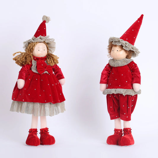 COPPIA BIMBI  NATALIZI IN PIEDI CON ABITI ROSSI FIORI DI LENA
