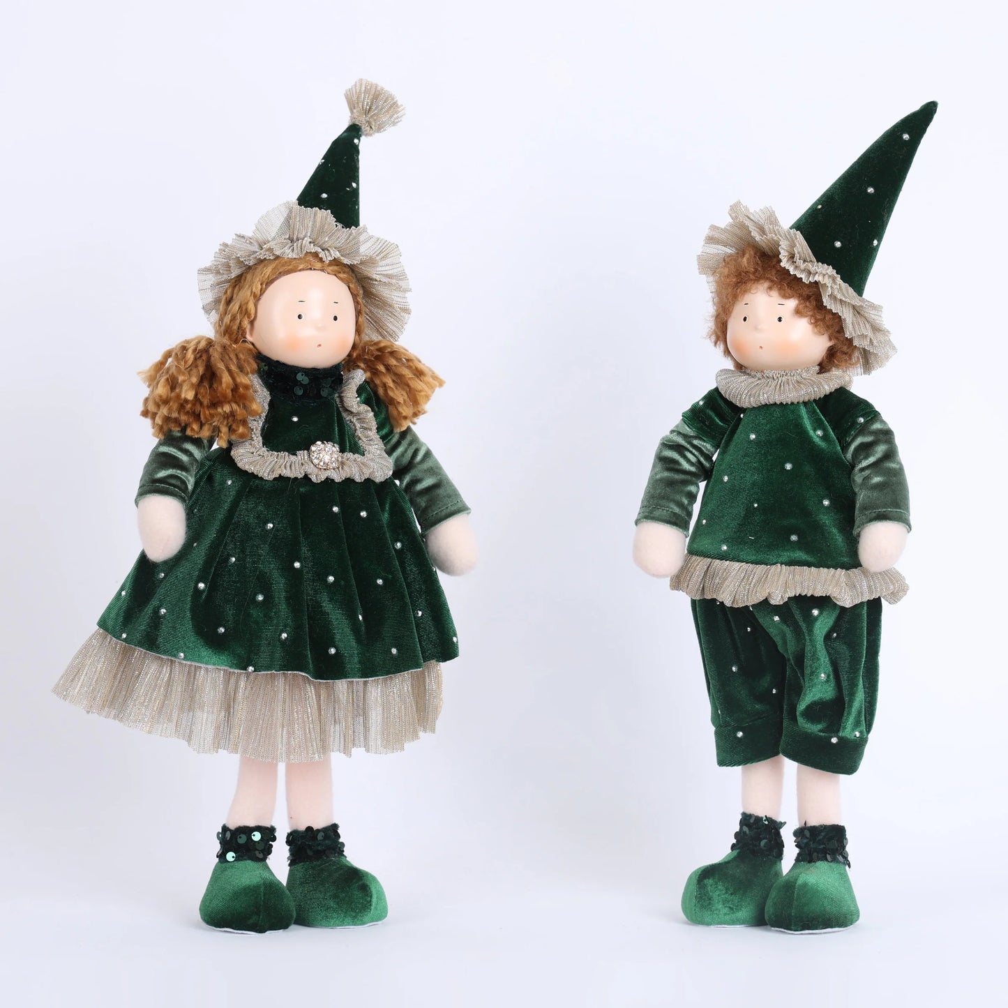 COPPIA BIMBI  NATALIZI IN PIEDI CON ABITI VERDI FIORI DI LENA
