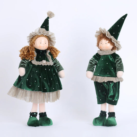 COPPIA BIMBI  NATALIZI IN PIEDI CON ABITI VERDI FIORI DI LENA