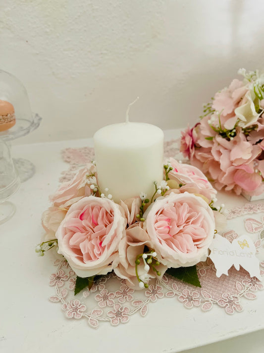 Centrotavola con Candela e Rose Rosa | Fiori di Lena