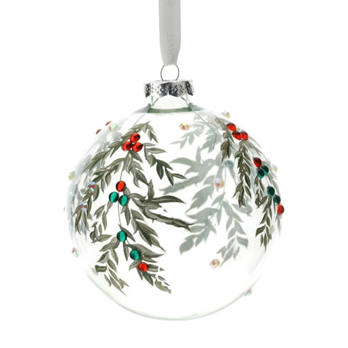 Sfera in Vetro Soffiato con Foglioline Verdi e Strass Multicolor – Hervit