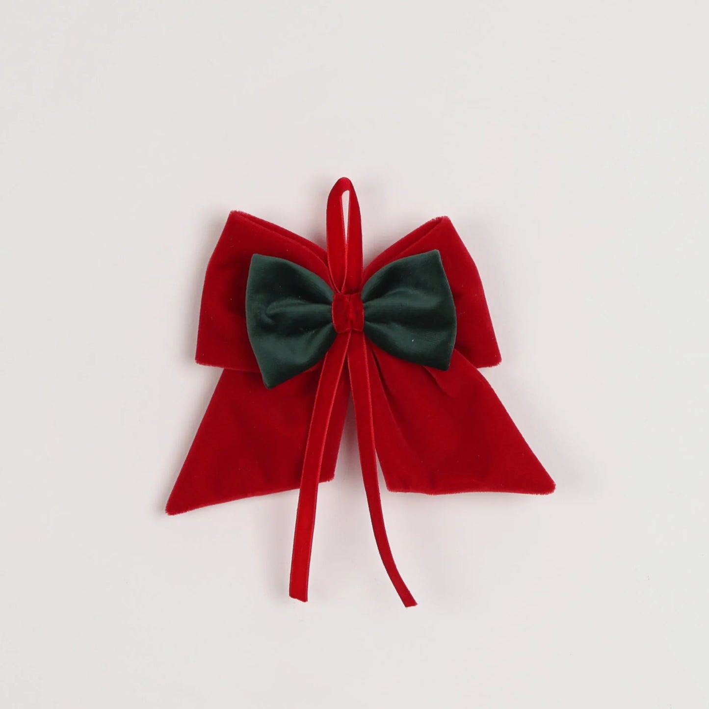 DECORO ALBERO FIOCCO IN VELLUTO ROSSO E VERDE 11CM FIORI DI LENA