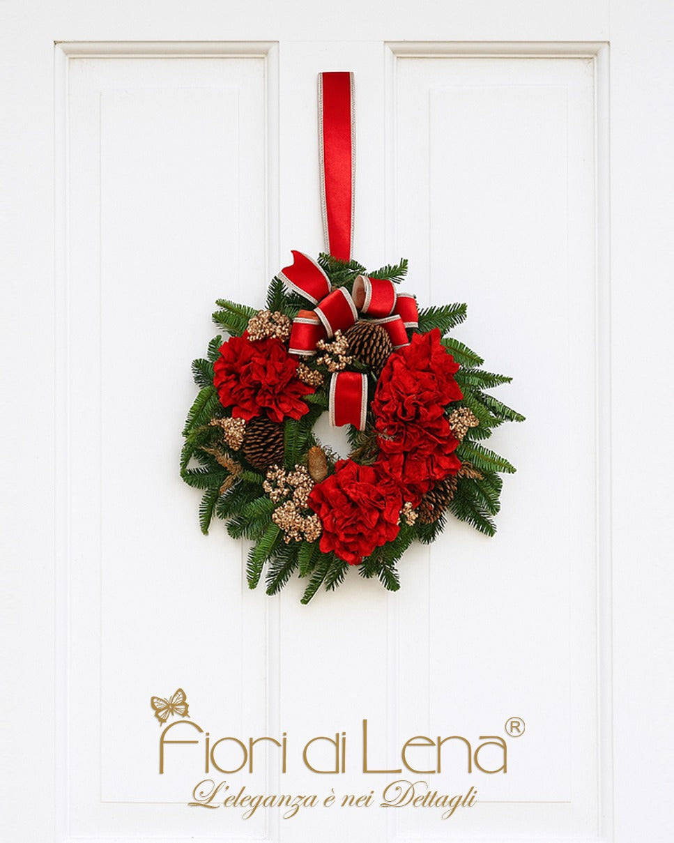 GHIRLANDA NATALIZIA CON ORTENSIE ROSSE FIORI DI LENA