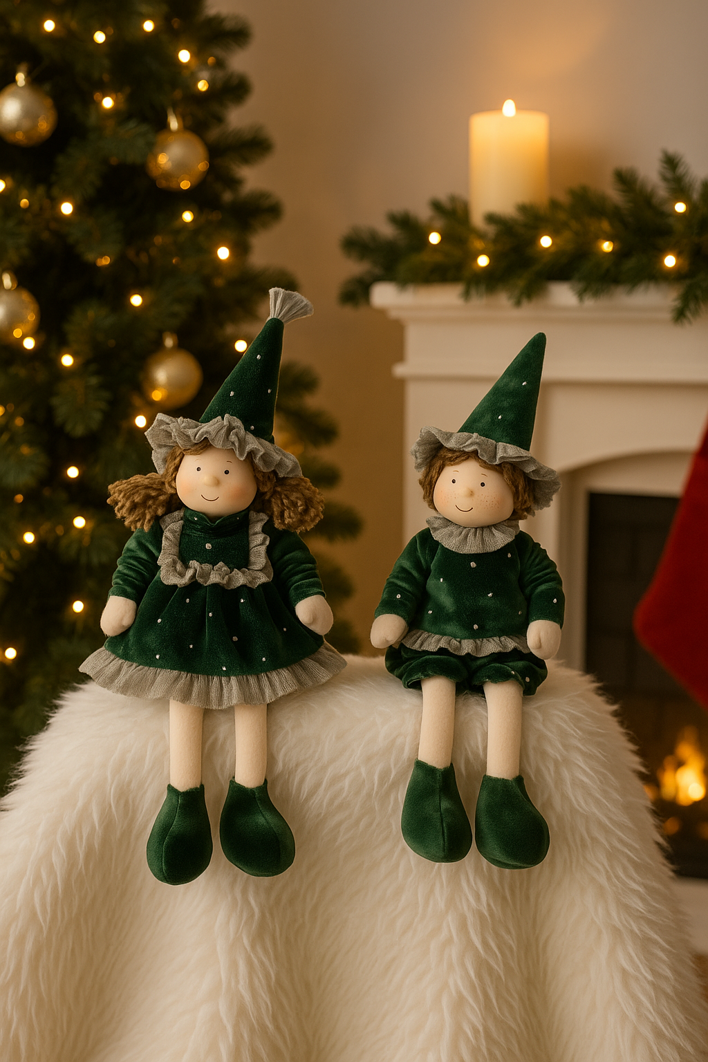 Coppia Bimbi Natalizi Seduti in Velluto Verde – Fiori di Lena