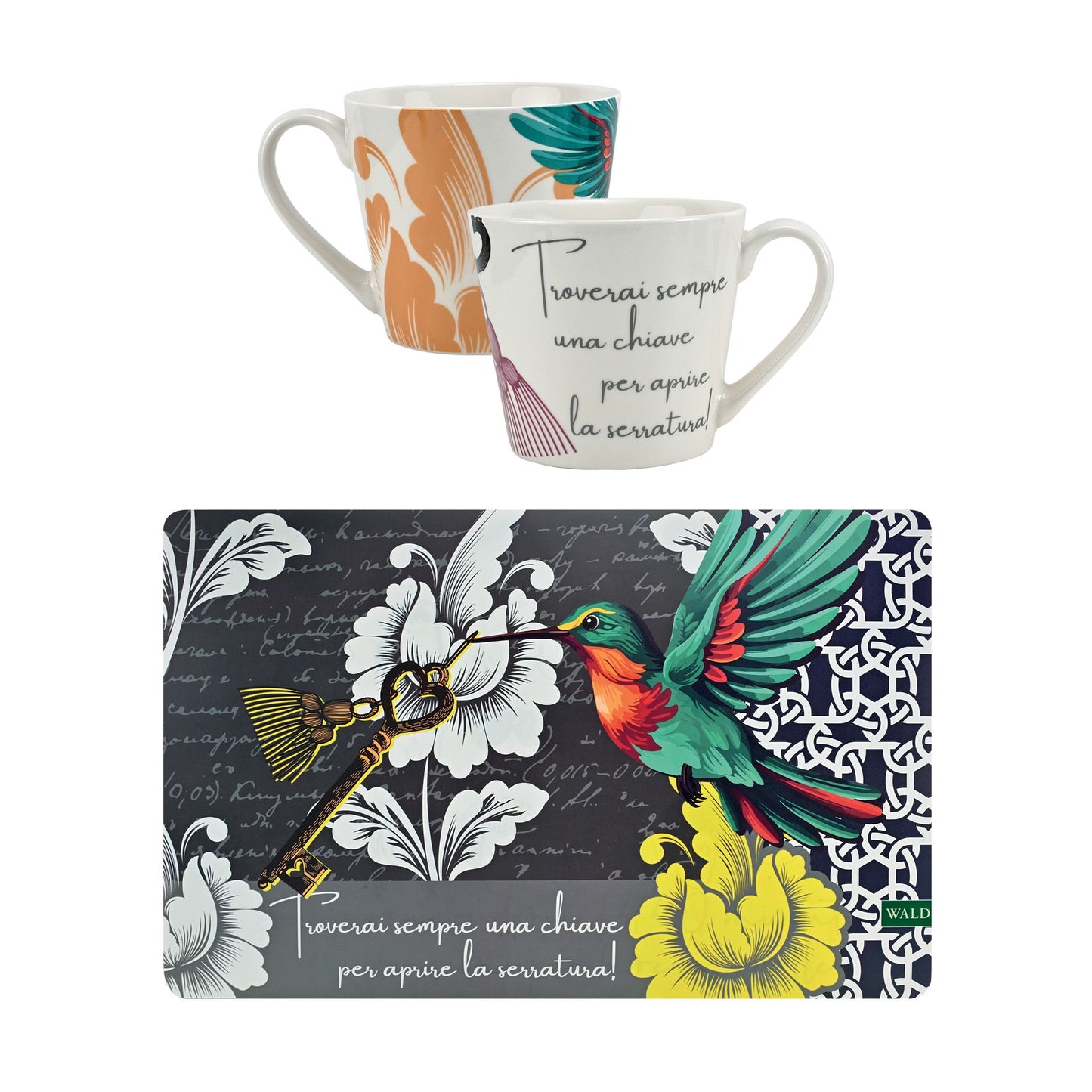 TAZZA COLAZIONE IN PORCELLANA DECORO CHIAVE CON TOVAGLIETTA PVC WALD (Copia)