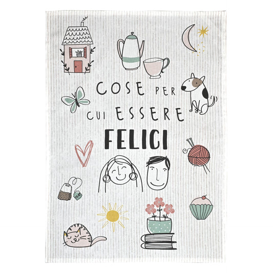 SET 2STROFINACCI CON DECORO ESSERE FELICI E MANGIAR BENE  100% COTONE WALD