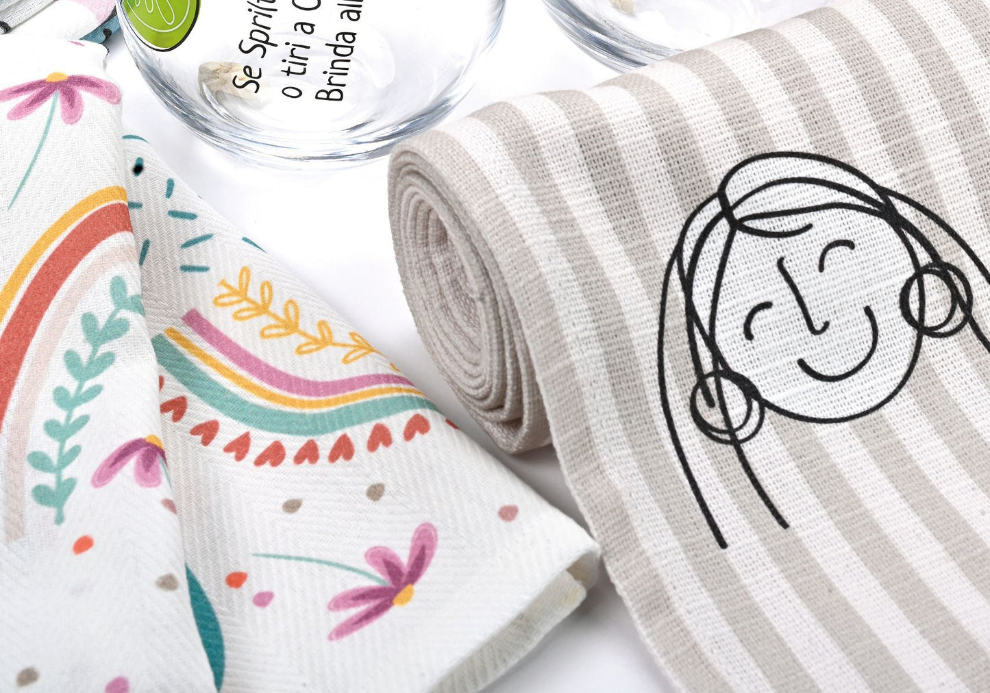 SET 2 STROFINACCI CON DECORO SORRISO A COLORI  E ARCOBALENI 100% COTONE WALD
