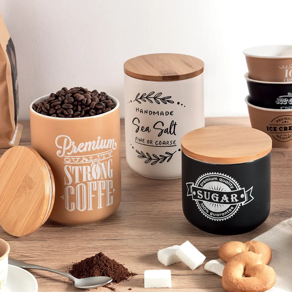 Barattolo Caffè “Strong Coffee” in Ceramica Beige con Tappo in Bambù – 700g | Brandani