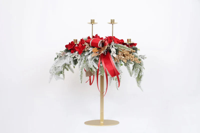 CANDELIERE 4 FIAMME ROSSO 65H FIORI DI LENA