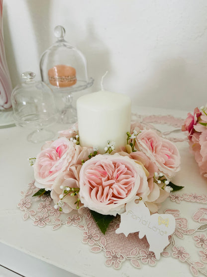 Centrotavola con Candela e Rose Rosa | Fiori di Lena