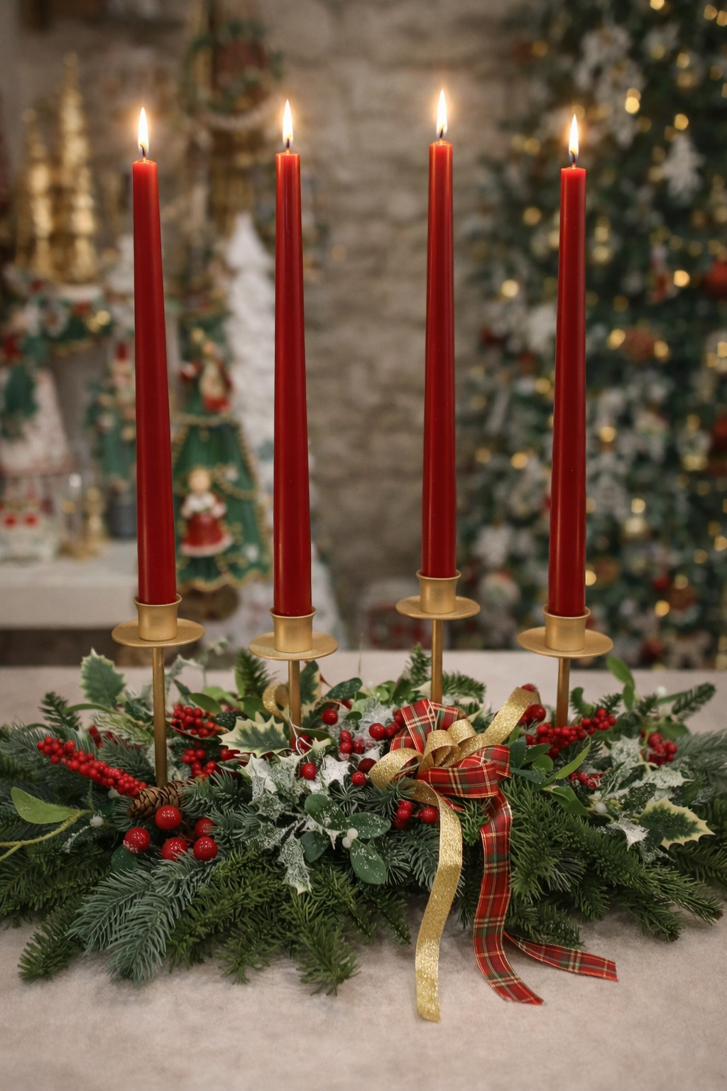 Centrotavola natalizio con 4 candele rosse – Fiori di Lena – Decorazione elegante