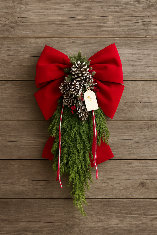 FUORIPORTA NATALIZIO FIOCCO ROSSO CON PINO E PIGNE 75CM FIORI DI LENA
