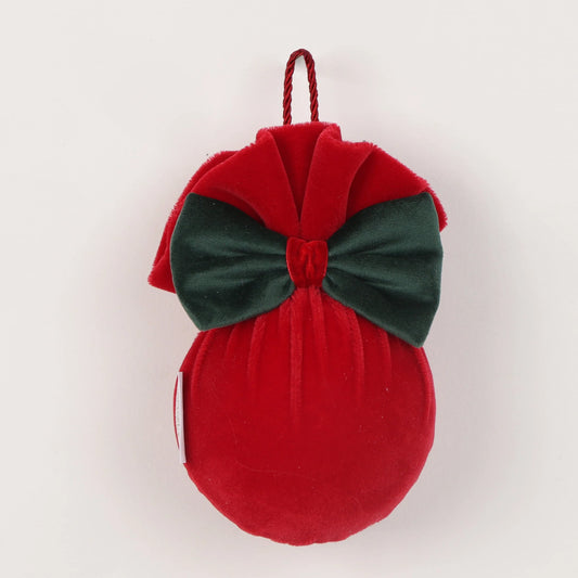 DECORO NATALIZIO SFERA IN VELLUTO ROSSO CON FIOCCO VERDE FIORI DI LENA