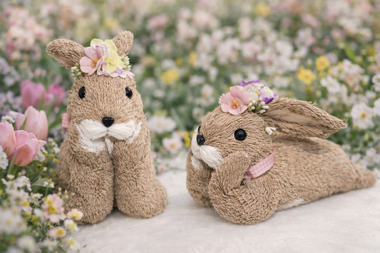 Coniglio decorativo pasquale con fiore e fiocco rosa - Fiori di Lena