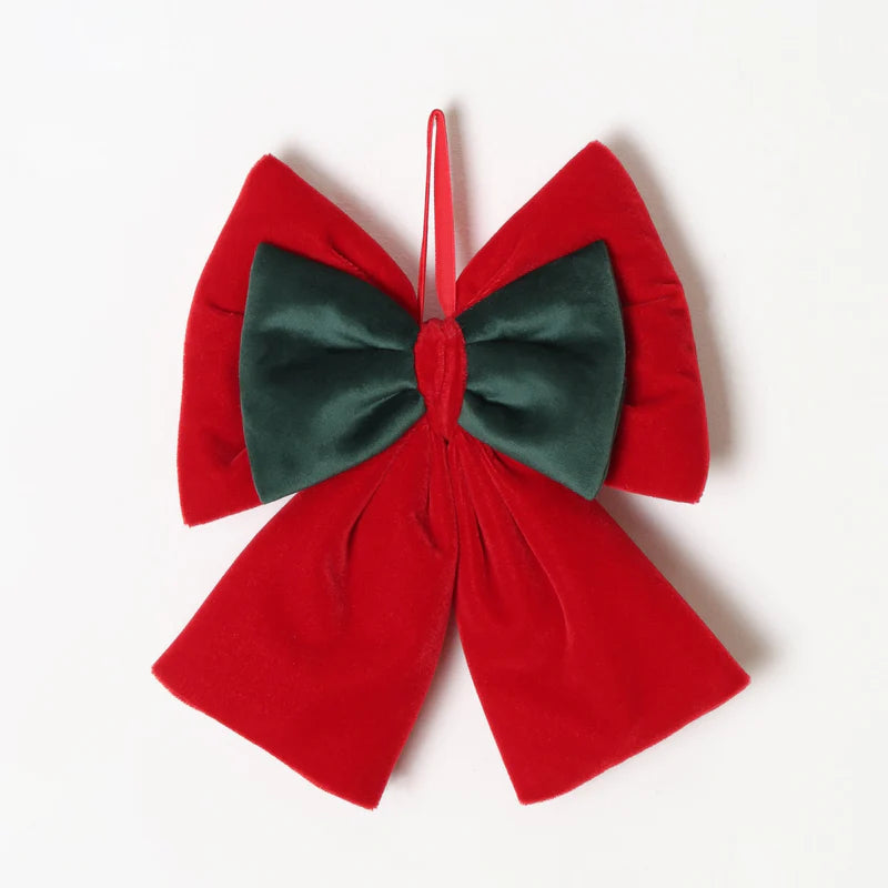 DECORO ALBERO FIOCCO IN VELLUTO ROSSO E VERDE 20CM FIORI DI LENA