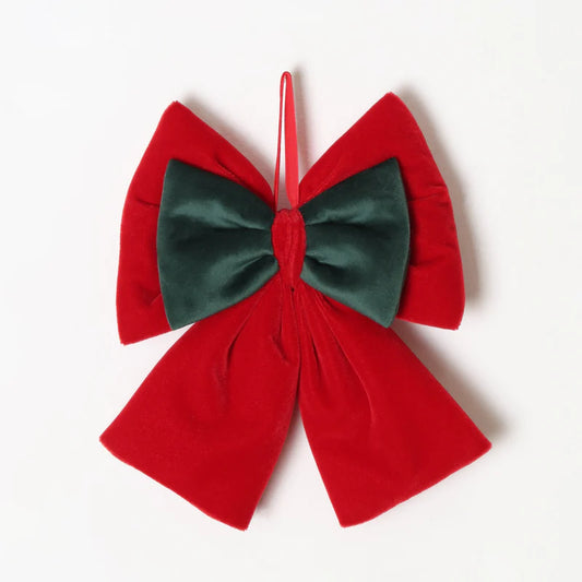 DECORO ALBERO FIOCCO IN VELLUTO ROSSO E VERDE 20CM FIORI DI LENA