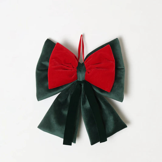 DECORO ALBERO FIOCCO IN VELLUTO VERDE E ROSSO 25CM FIORI DI LENA