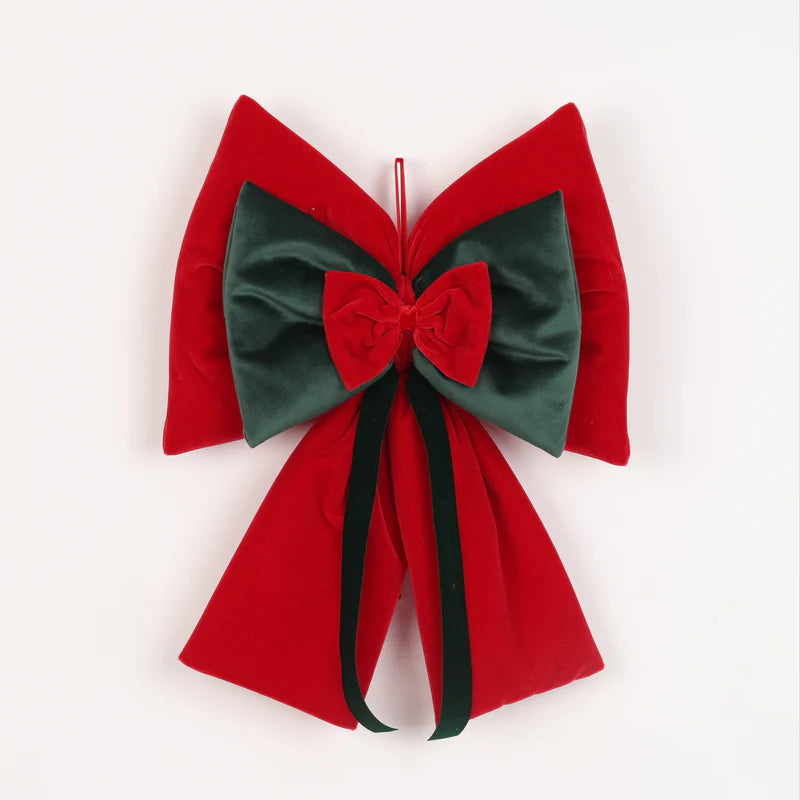 DECORO ALBERO FIOCCO IN VELLUTO ROSSO E VERDE 40CM FIORI DI LENA