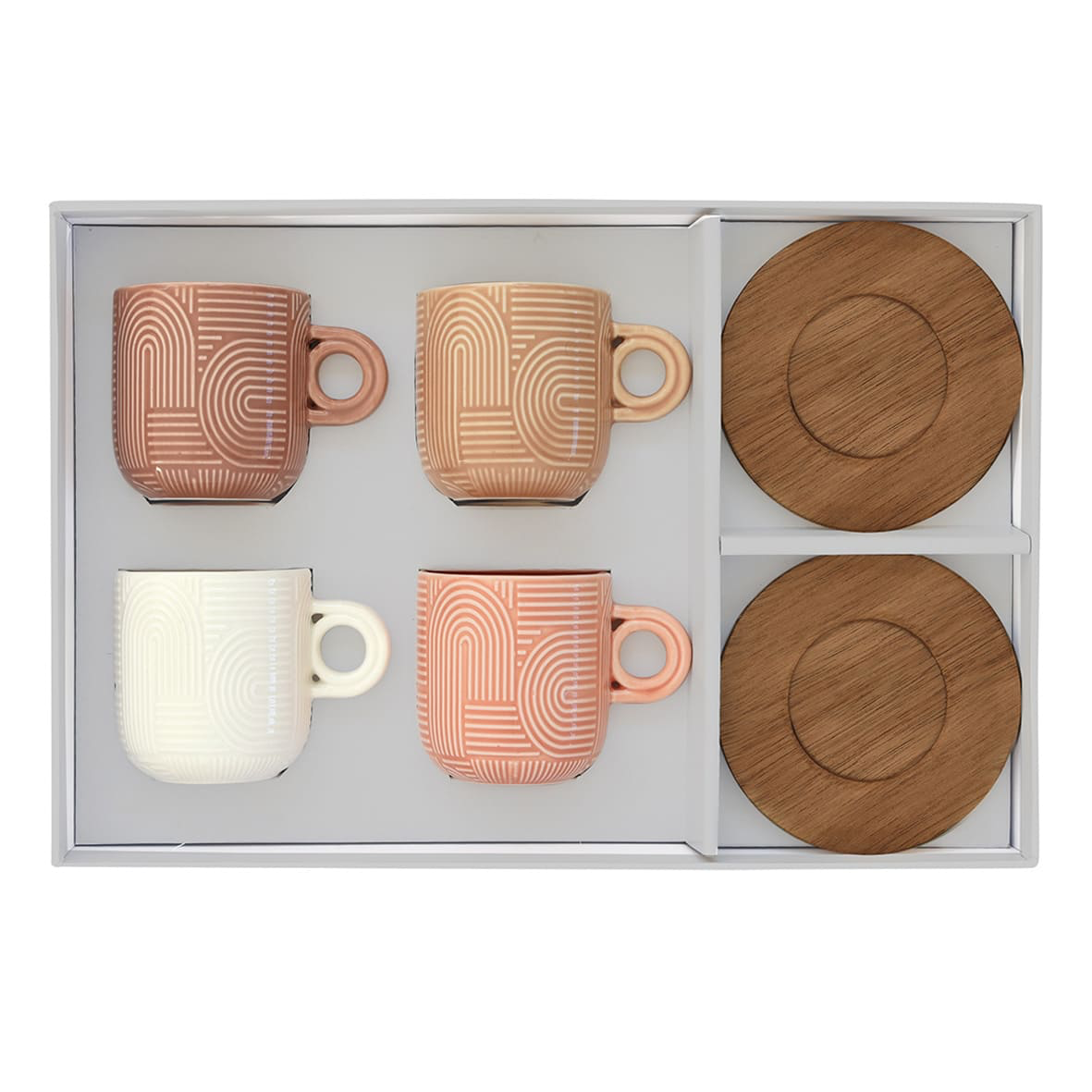 Set 4 Tazzine da Caffè con Piattino in Acacia – Collezione Take a Loop Easy Life