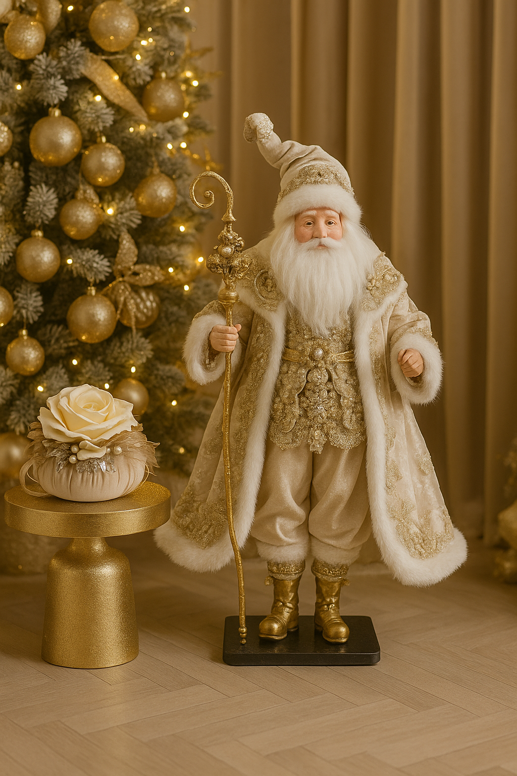 BABBO NATALE DA COLLEZIONE SU PIEDISTALLO ORO/AVORIO FIORI DI LENA