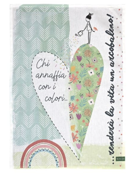 Set 2 Strofinacci Cucina 100% Cotone Wald con Arcobaleni e Frasi – Strofinacci Decorativi 50x70 cm