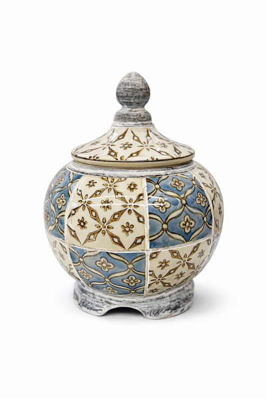 Vaso portaoggetti con coperchio in ceramica decorata bianco e blu | EGO