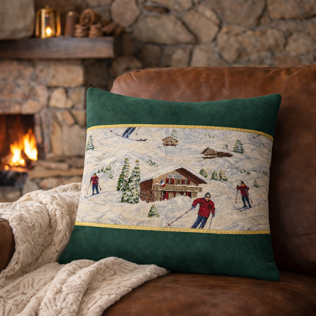 Cuscino 48x48 in velluto verde con ricamo paesaggio alpino – Maison Paulette