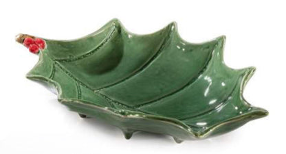 Piatto Decorativo Natalizio in Ceramica a Forma di Agrifoglio con Bacche