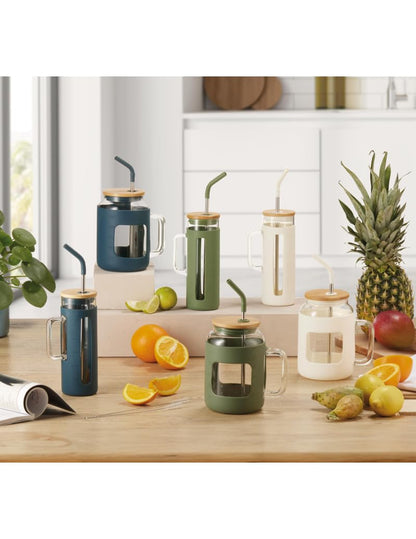 Boccale Curvy Bianco Brandani – In vetro con cannuccia inox/silicone e tappo in bamboo