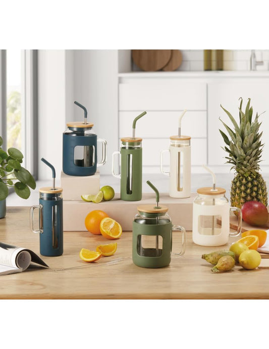 Boccale Curvy Bianco Brandani – In vetro con cannuccia inox/silicone e tappo in bamboo