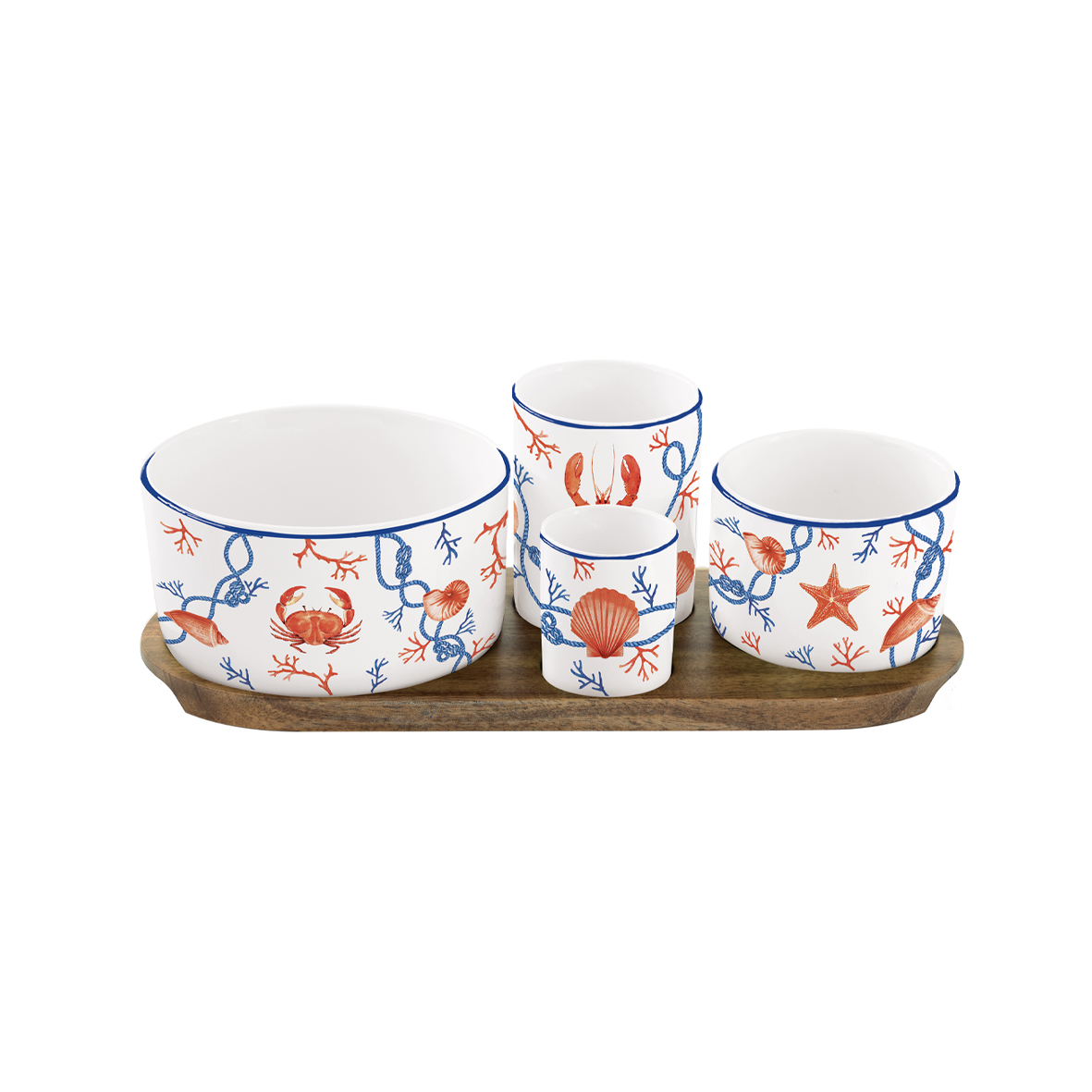 Set aperitivo Côte de Mer Easy Life – Vassoio in legno e 4 ciotoline in porcellana decorata
