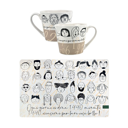 TAZZA COLAZIONE IN PORCELLANA DECORO MINIMAL CON TOVAGLIETTA  WALD