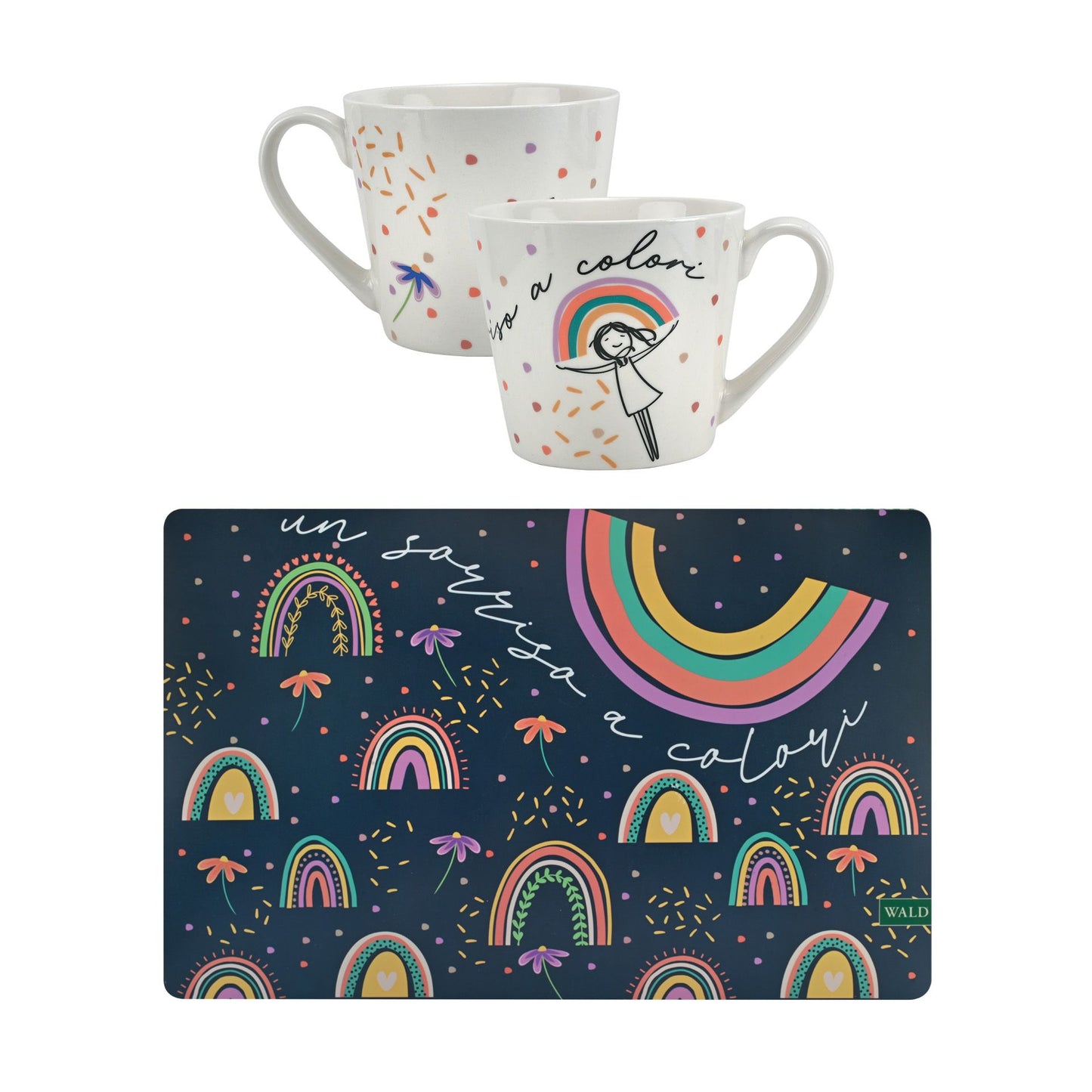 TAZZA COLAZIONE IN PORCELLANA DECORO SORRISI CON TOVAGLIETTA PVC WALD