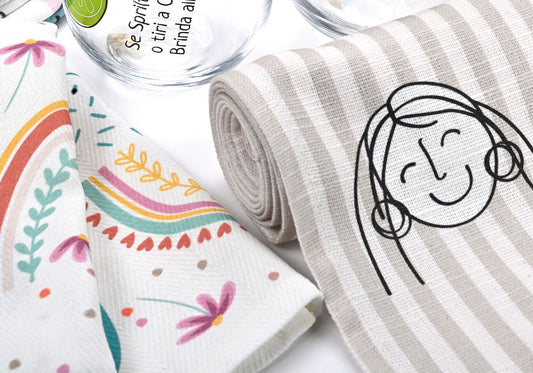 Set 2 Strofinacci Cucina 100% Cotone Wald con Arcobaleni e Frasi – Strofinacci Decorativi 50x70 cm