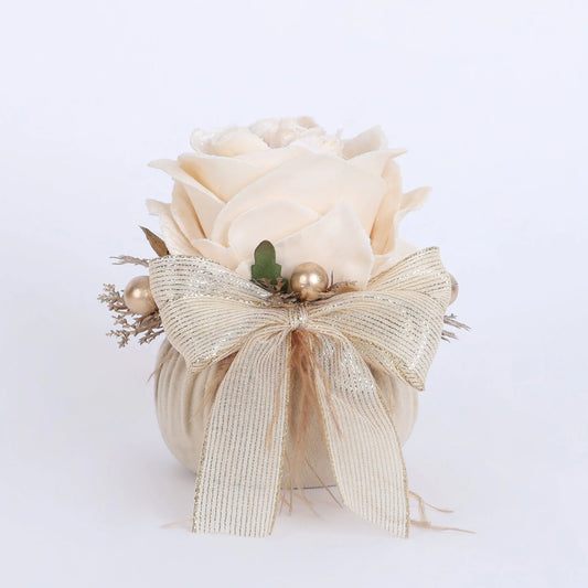 POUF NATALIZO VELLUTO NOCCIOLA CON ROSE D9X9CM FIORI DI LENA
