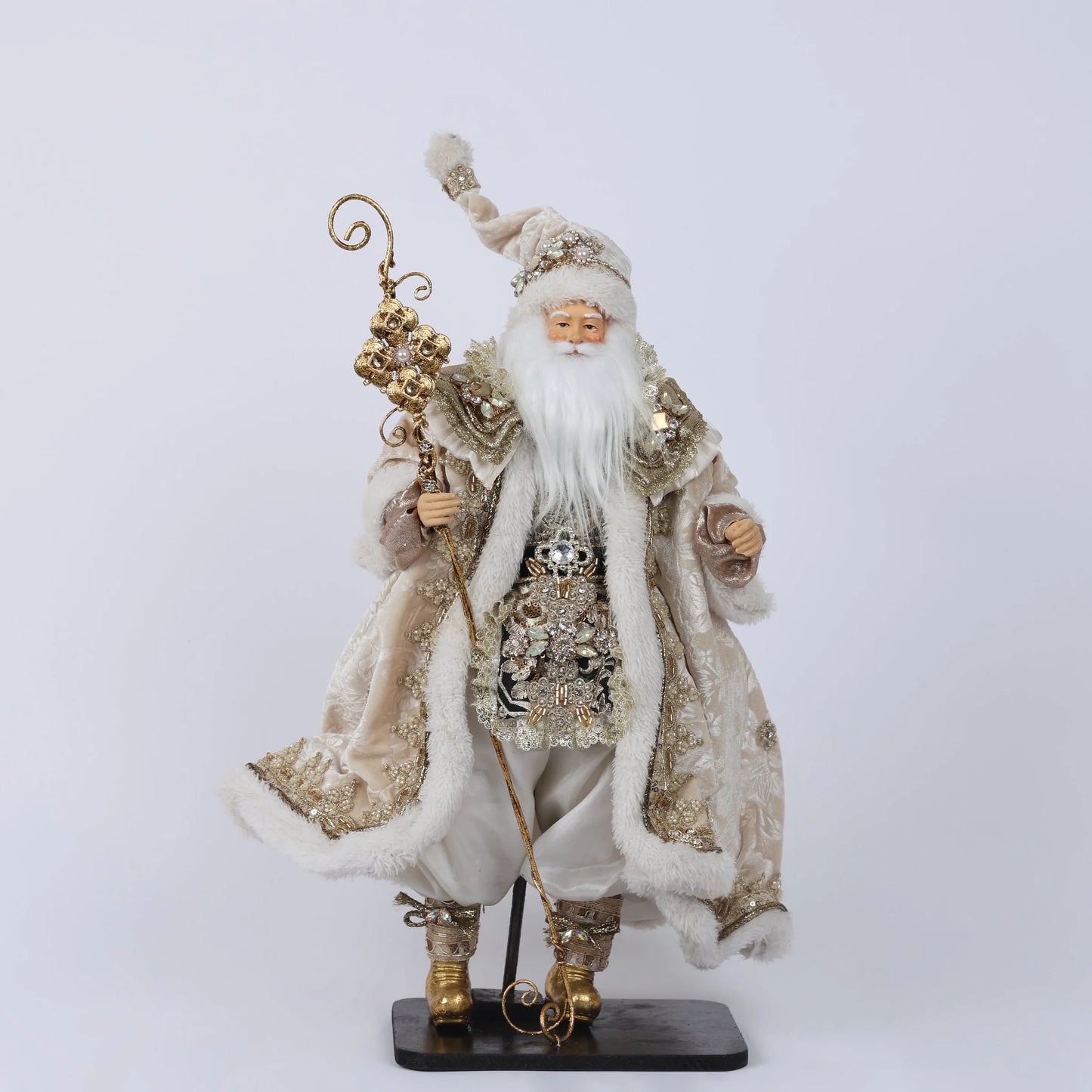 BABBO NATALE DA COLLEZIONE SU PIEDISTALLO ORO/AVORIO FIORI DI LENA